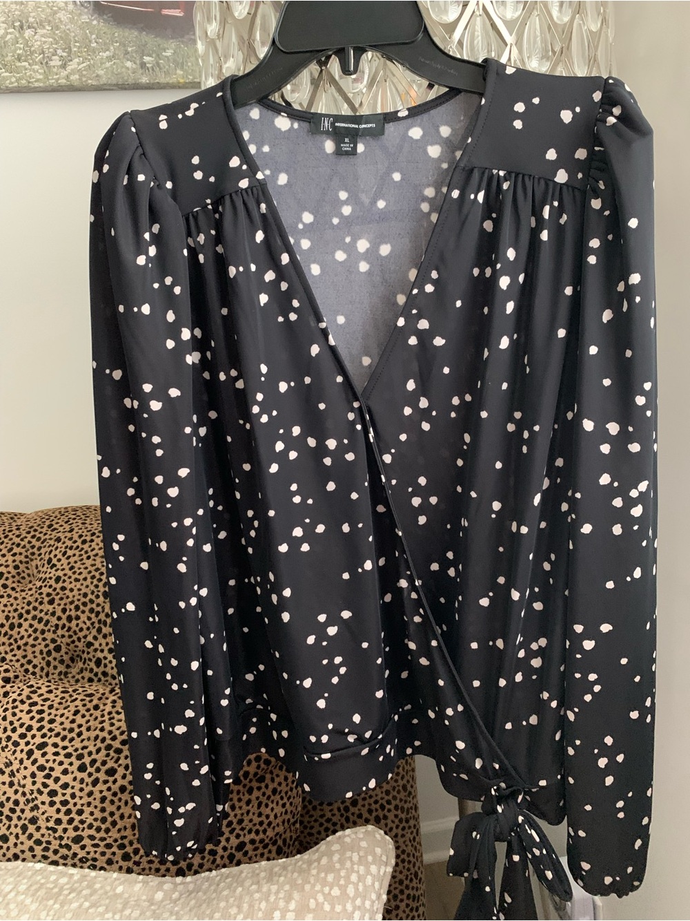 INC International Concepts Black Blouse with White Dot Print